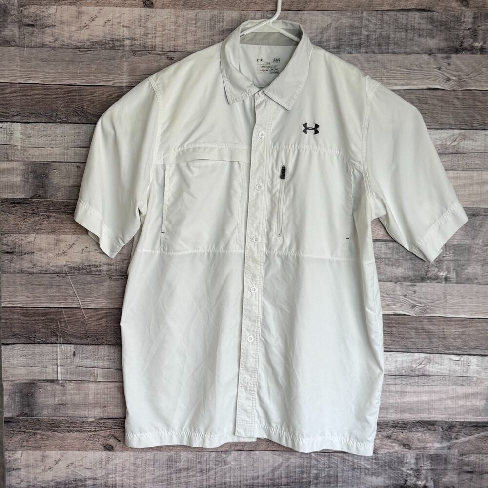 Under Amour Motivate Shirt Mens Large White Button Up Short Sleeve Hiking